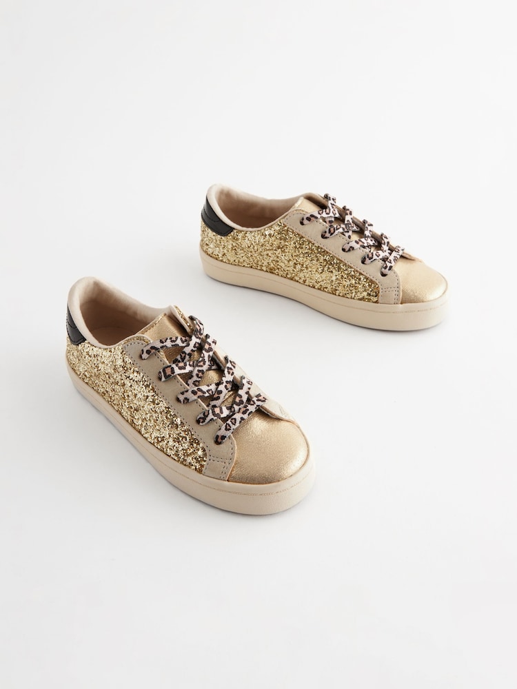 Gold Glitter Lace Up Lowtop Trainers - Image 1 of 6