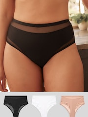 Black/White/Nude Mesh Trim High Waist High Leg Knickers 3 Pack - Image 1 of 10