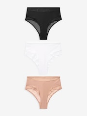 Black/White/Nude Mesh Trim High Waist High Leg Knickers 3 Pack - Image 6 of 10