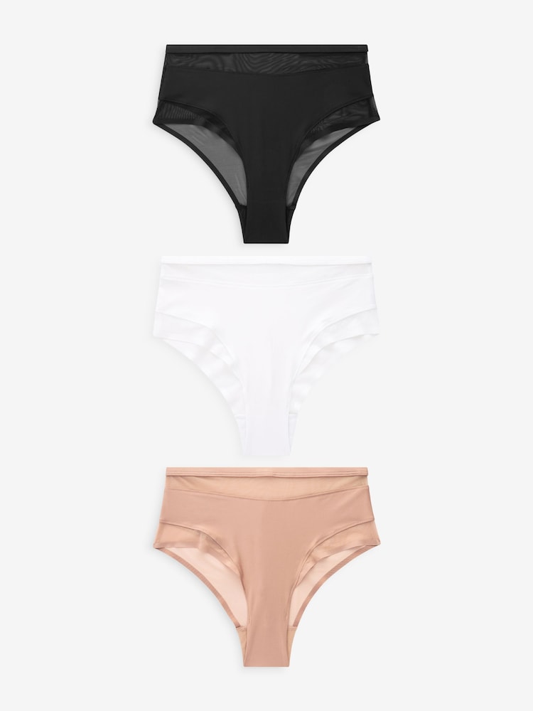 Noir/Blanc/Nu - Mesh Trim Taille haute High Leg Knickers 3 Lot - Image 6 of 10