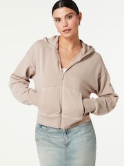 Neutral Raw Hem Detail Washed Zip Through Hoodie - Image 1 of 6