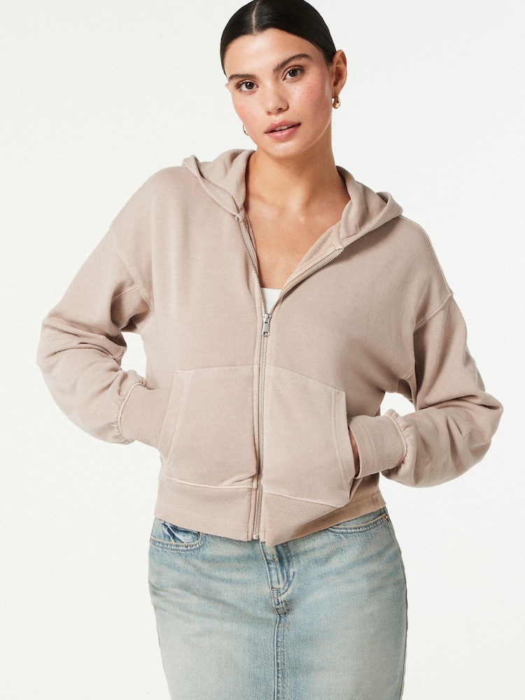 Neutral Raw Hem Detail Washed Zip Through Hoodie - Image 1 of 6