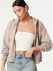 Neutral Raw Hem Detail Washed Zip Through Hoodie - Image 2 of 6