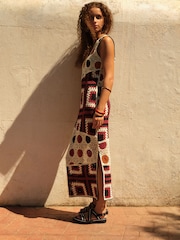 Black/Red Heavyweight Sleeveless Crochet Spliced Midi Dress - Image 2 of 6