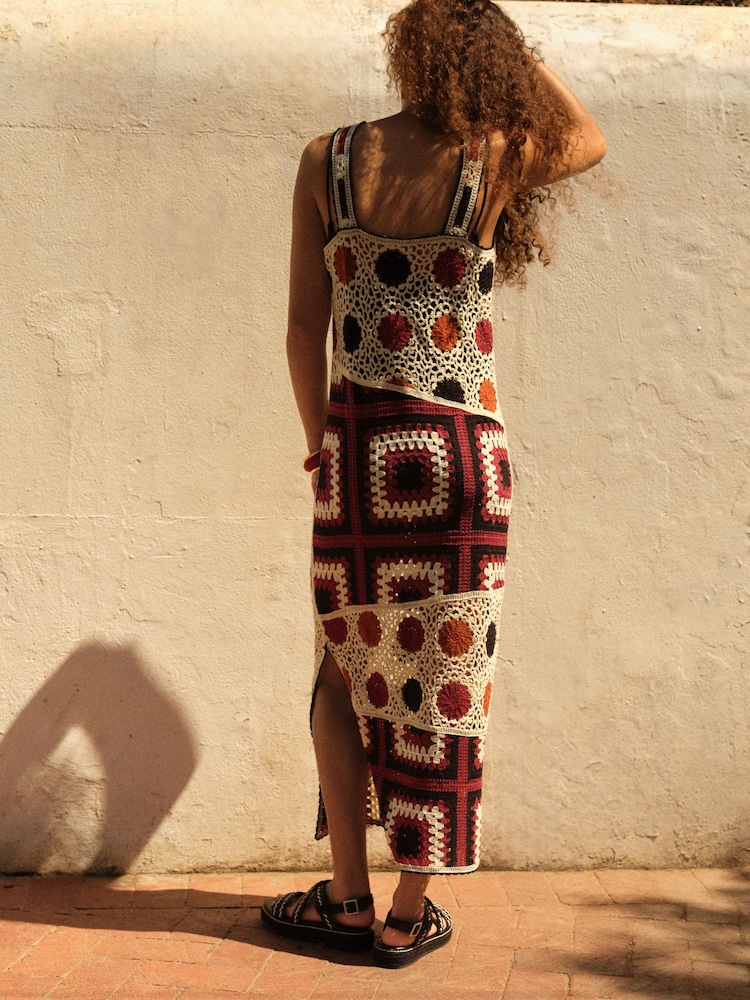 Black/Red Heavyweight Sleeveless Crochet Spliced Midi Dress - Image 3 of 6