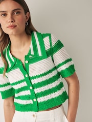 Green/White Button Down Short Sleeve Collared Crochet Shirt - Image 2 of 4