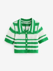 Green/White Button Down Short Sleeve Collared Crochet Shirt - Image 3 of 4