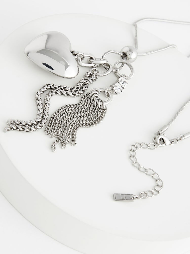 Silver Tone Heart Tassel Long Necklace - Image 4 of 4