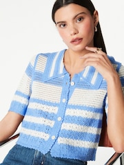 Blue/White Button Down Short Sleeve Collared Crochet Shirt - Image 1 of 6