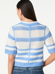 Blue/White Button Down Short Sleeve Collared Crochet Shirt - Image 3 of 6