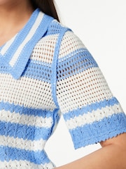 Blue/White Button Down Short Sleeve Collared Crochet Shirt - Image 4 of 6