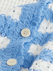 Blue/White Button Down Short Sleeve Collared Crochet Shirt - Image 6 of 6