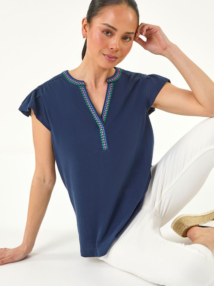 Roman Blue Petite Cotton Embroidered V-Neck Blouse - Image 1 of 5 Roman Blue Petite Cotton Embroidered V-Neck Blouse - Image 1 of 5