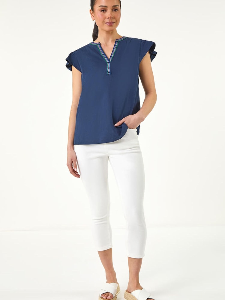Roman Blue Petite Cotton Embroidered V-Neck Blouse - Image 2 of 5 Roman Blue Petite Cotton Embroidered V-Neck Blouse - Image 2 of 5