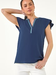 Roman Blue Petite Cotton Embroidered V-Neck Blouse - Image 4 of 5