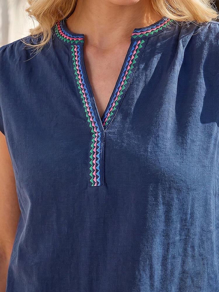 Roman Blue Petite Cotton Embroidered V-Neck Blouse - Image 4 of 4 Roman Blue Petite Cotton Embroidered V-Neck Blouse - Image 4 of 4