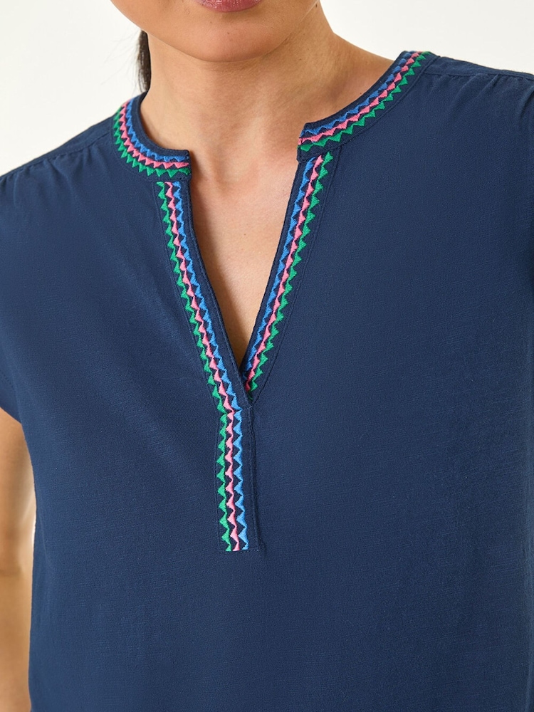 Roman Blue Petite Cotton Embroidered V-Neck Blouse - Image 5 of 5 Roman Blue Petite Cotton Embroidered V-Neck Blouse - Image 5 of 5