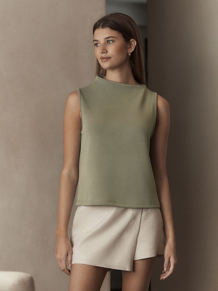 Khaki Green Premium Sleeveless Slash Neck Top - Image 2 of 6