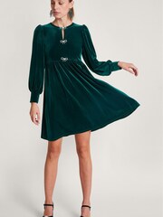Monsoon Green Evie Velvet Bow Dress - Image 1 of 5