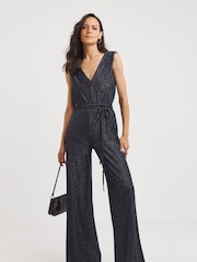 JD Williams Black Sparkle Plunge Sleeveless Jumpsuit - Image 1 of 4