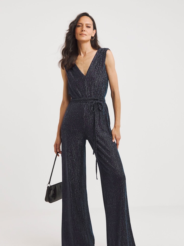 JD Williams Black Sparkle Plunge Sleeveless Jumpsuit - Image 1 of 4