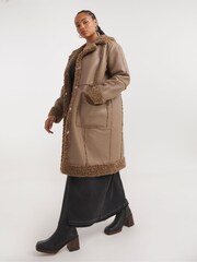 Simply Be Natural Long Length PU Aviator Coat - Image 1 of 4