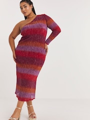 Simply Be Purple Lurex Metallic Plisse One Shoulder Midaxi Dress - Image 1 of 4