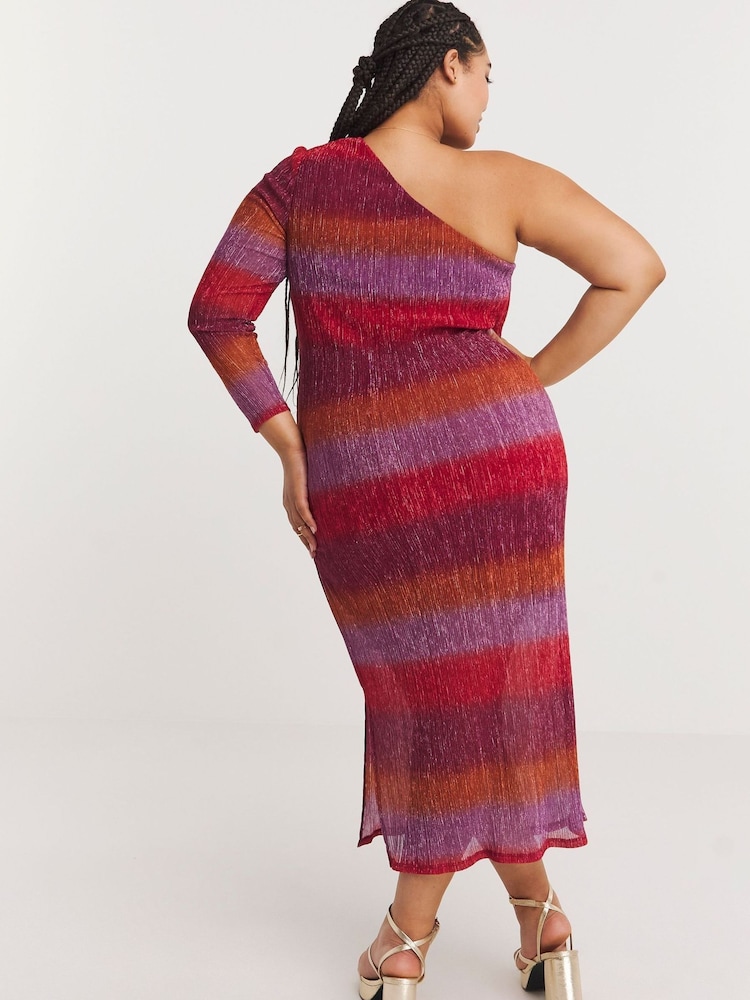 Simply Be Purple Lurex Metallic Plisse One Shoulder Midaxi Dress - Image 2 of 4