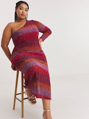 Simply Be Purple Lurex Metallic Plisse One Shoulder Midaxi Dress - Image 3 of 4