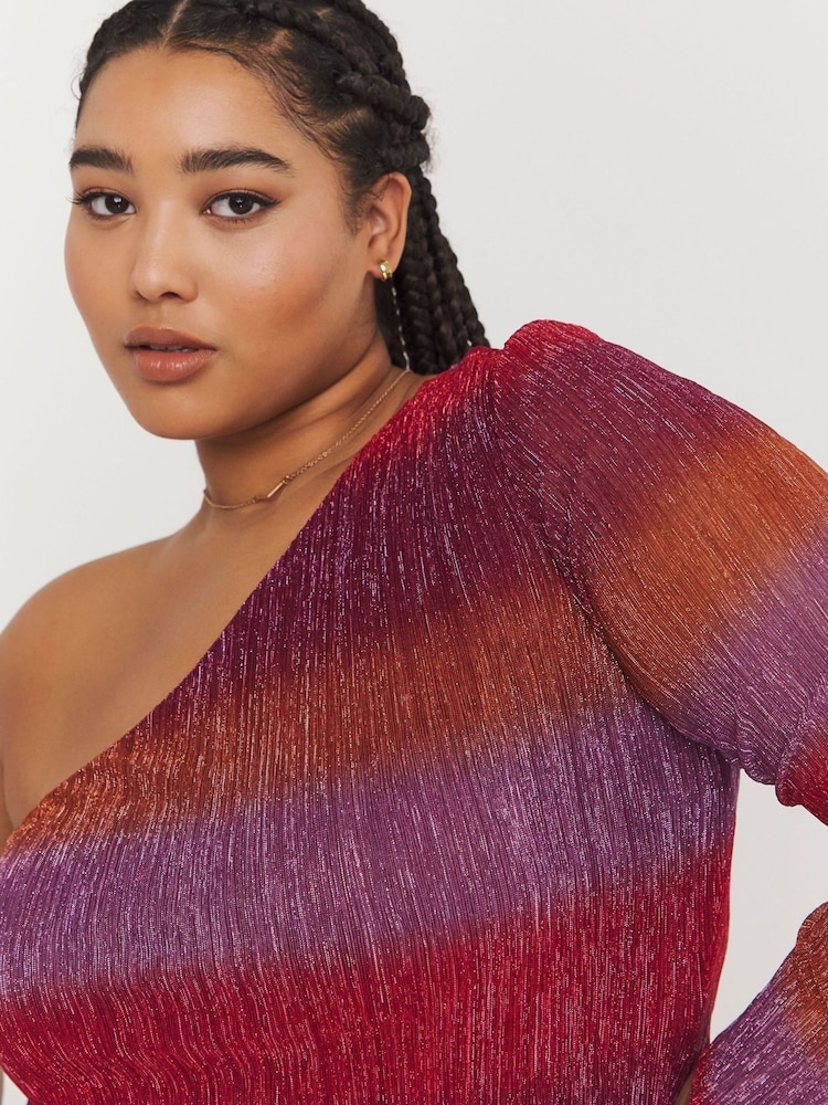 Simply Be Purple Lurex Metallic Plisse One Shoulder Midaxi Dress - Image 4 of 4