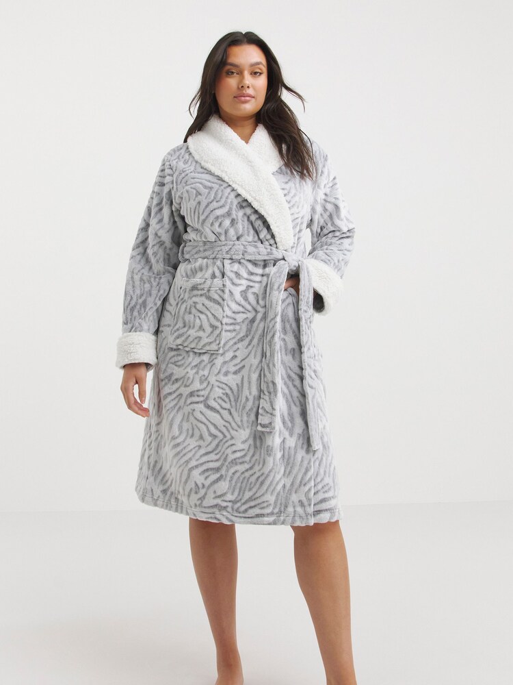 Simply Be Grey Zebra Print Pretty Secrets Tie Waist Dressing Gown - Image 1 of 4