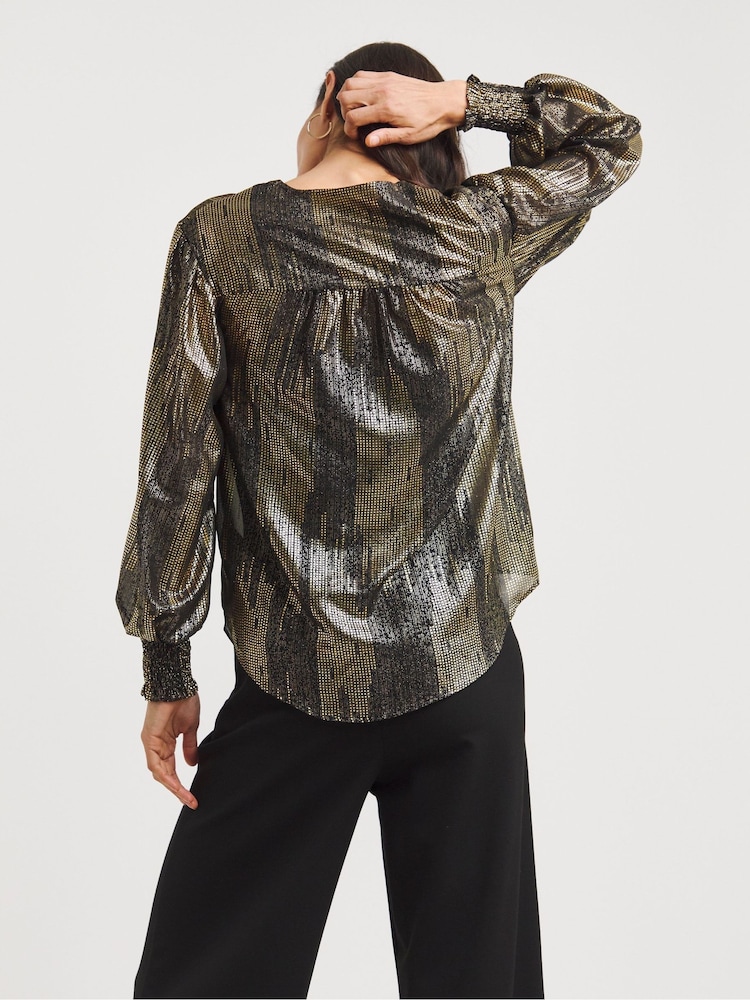 JD Williams Gold Metallic Button Through Dip Back Blouse - Image 2 of 4