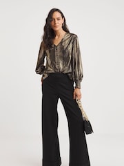 JD Williams Gold Metallic Button Through Dip Back Blouse - Image 3 of 4
