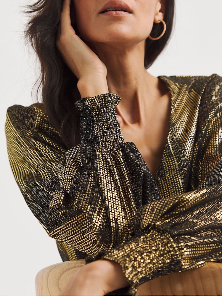 JD Williams Gold Metallic Button Through Dip Back Blouse - Image 4 of 4