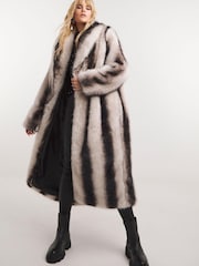 Simply Be Natural Mono Stripe Faux Fur Maxi Coat - Image 1 of 4