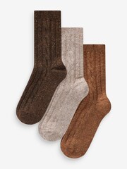 Brown Cable Thermal Wool Blend Ankle Socks 3 Pack With Silk - Image 1 of 4