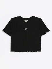 River Island Black 100% Cotton Lettuce Hem Rib Top - Image 1 of 4