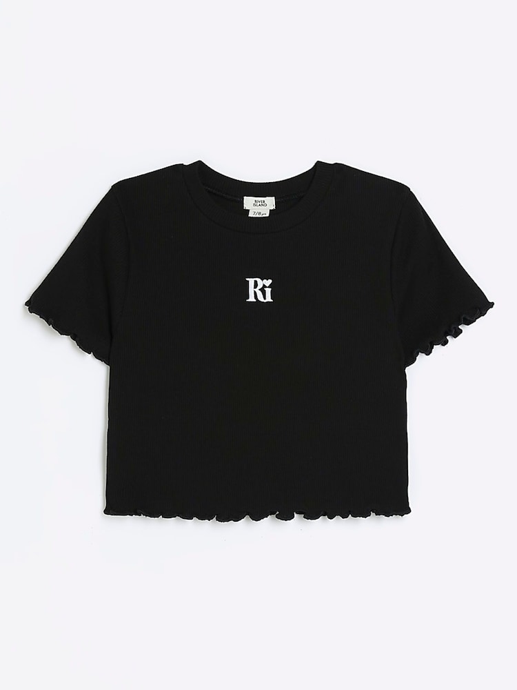 River Island Black 100% Cotton Lettuce Hem Rib Top - Image 1 of 4 River Island Black 100% Cotton Lettuce Hem Rib Top - Image 1 of 4