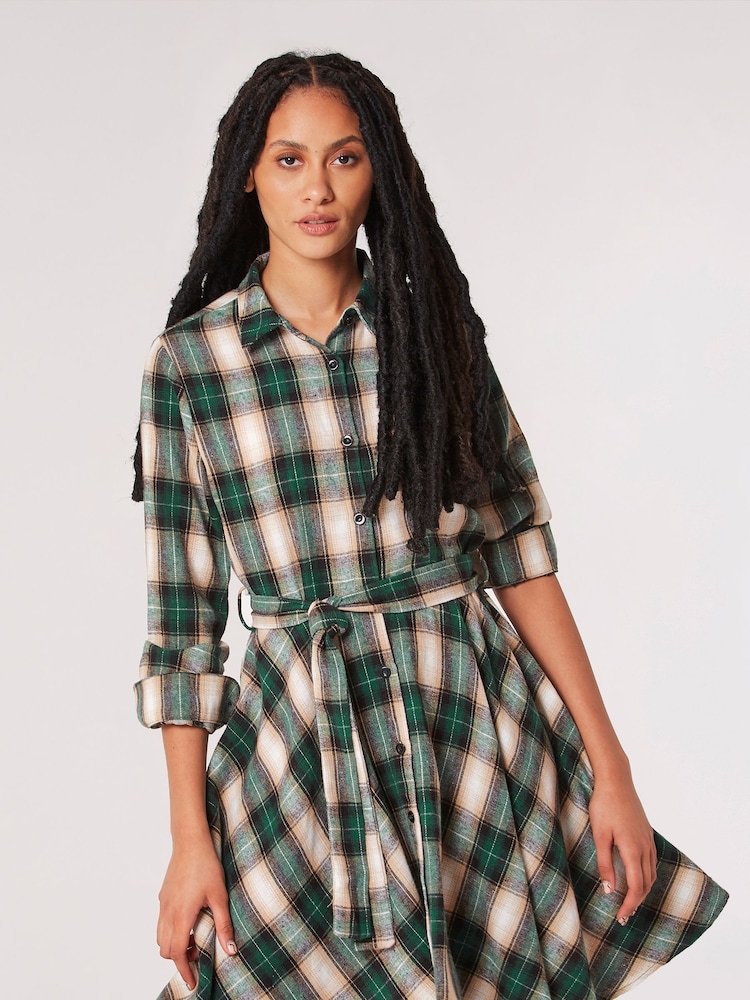 Apricot Green Check Fit + Flare Shirt Dress - Image 1 of 4