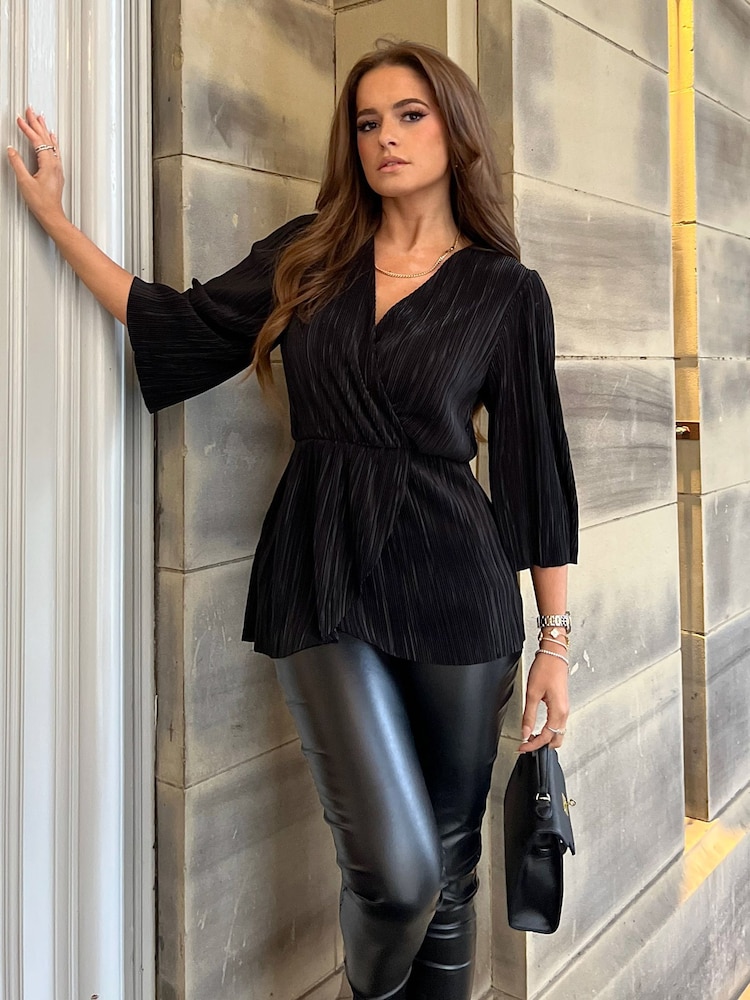 Girl In Mind Black Kamari Plisse Wrap Front Top - Image 1 of 4