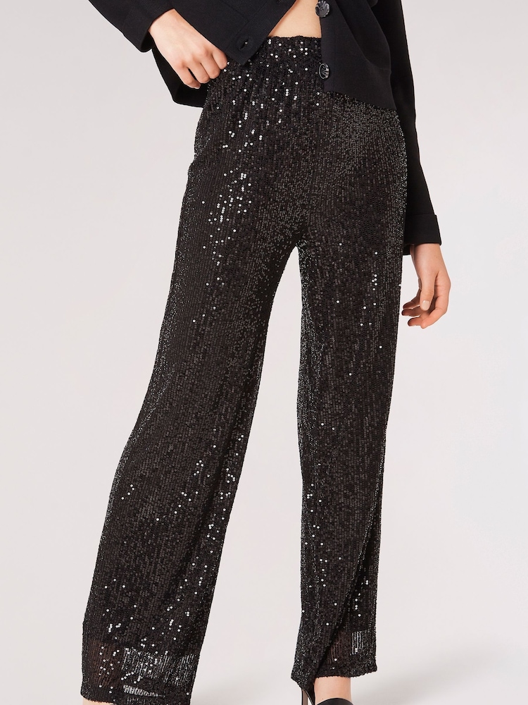 Apricot Black Sequin Lines Palazzo Trousers - Image 1 of 4