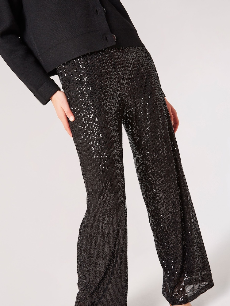 Apricot Black Sequin Lines Palazzo Trousers - Image 4 of 4