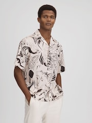 Reiss Black/White Epoque Sketch Design Cuban Collar Shirt - Image 1 of 6