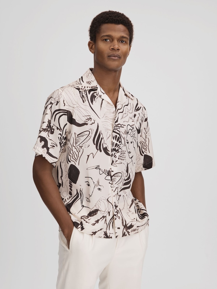 Reiss Black/White Epoque Sketch Design Cuban Collar Shirt - Image 1 of 6
