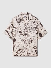 Reiss Black/White Epoque Sketch Design Cuban Collar Shirt - Image 2 of 6