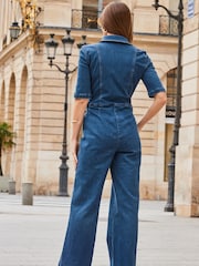 Sosandar Blue Chrome Zip Front Wide Leg Denim Jumpsuit - Image 2 of 4