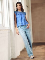 Light Blue Frill Sleeve Lace Insert Summer 100% Cotton Blouse - Image 2 of 7