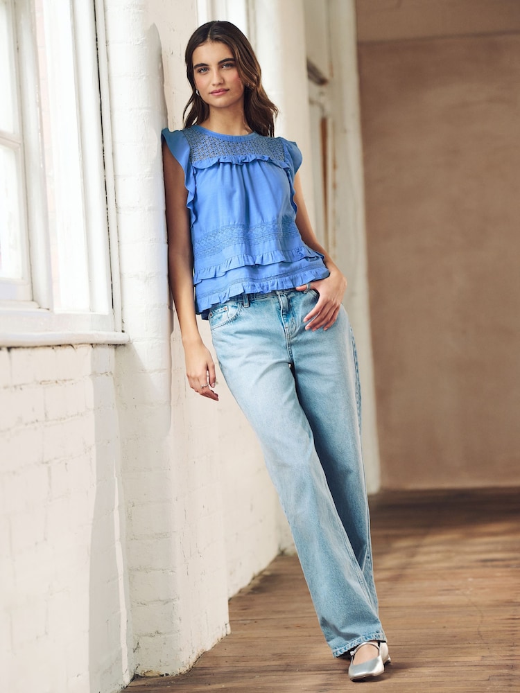 Light Blue Frill Sleeve Lace Insert Summer 100% Cotton Blouse - Image 2 of 7