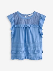 Light Blue Frill Sleeve Lace Insert Summer 100% Cotton Blouse - Image 5 of 7