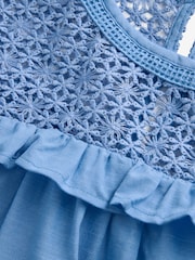 Light Blue Frill Sleeve Lace Insert Summer 100% Cotton Blouse - Image 6 of 7